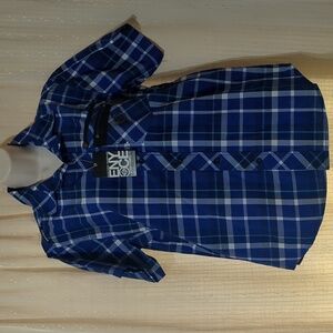 Enyce Sean Combs Men Shirt Blue Plaid Short Sleeve Button 3 Front Pockets Sz S